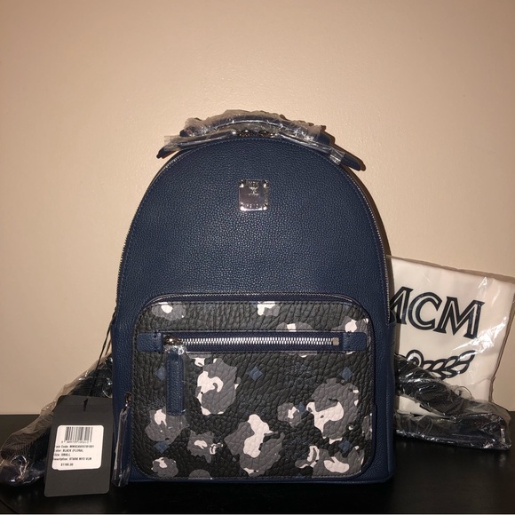 MCM NWT Navy Leather Floral Print Backpack w/Dust Bag - Picture 1 of 16